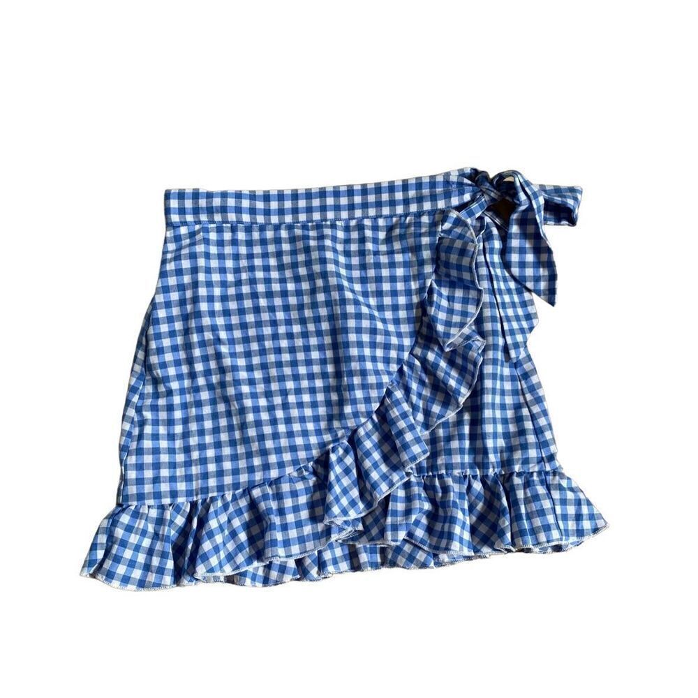 Shein women’s gingham blue and white wrap, skirt, side tie, size small - Picture 3 of 6